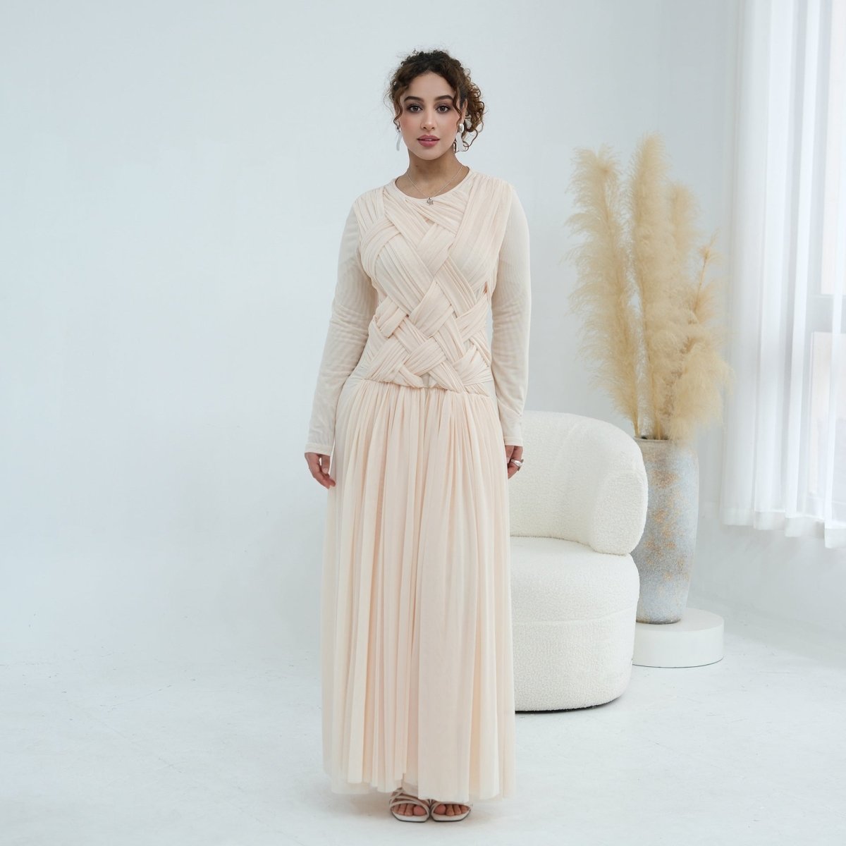 Woven Cross-Strap Bodice Mesh Maxi Dress(MS454)